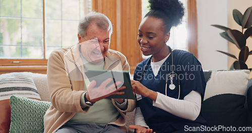 Image of Senior, man and nurse with tablet for consulting, medical information and communication with laughing. Elderly, professional and caregiver with touchscreen for online report, advisory and results or