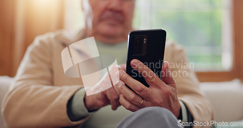 Image of Parkinsons, smartphone and hands of senior man typing online on internet search in retirement home. Phone, elderly person with a disability and scroll on health website, communication or social media