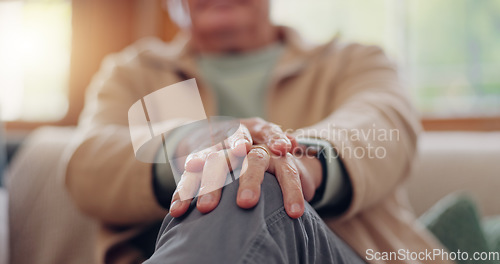 Image of Senior man, hands and stress in therapy, counseling or talking about depression, anxiety or crisis in retirement. Elderly, mental health and closeup on soothing gesture in conversation with therapist