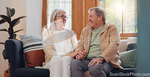 Image of Love, relax and senior couple laughing at funny joke, enjoy quality time together and bond on home living room sofa. Retirement, smile and elderly man, woman or people happy