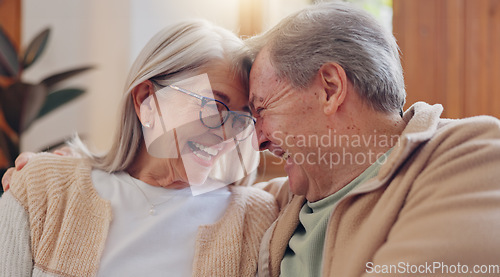 Image of Care, happy and a senior couple talking on the sofa for marriage kindness and gratitude. Smile, house and an elderly man and woman with love, relax and communication in retirement on the couch