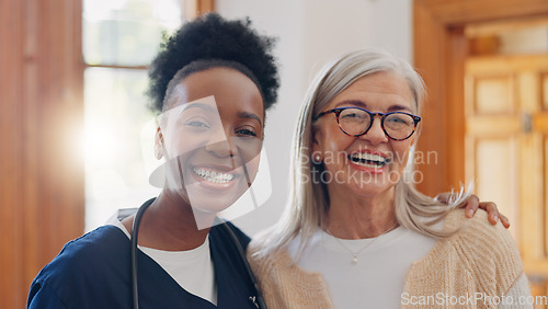 Image of Face, hug and senior woman with nurse, home and healthcare with a smile, support and worker. Portrait, African person and elderly lady embrace, apartment or bonding with help, happiness and caregiver