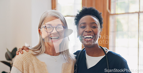 Image of Face, hug and senior woman with nurse, home and healthcare with a smile, support and worker. Portrait, African person and elderly lady embrace, apartment or bonding with help, happiness and caregiver