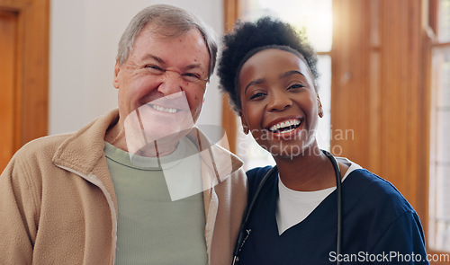 Image of Face, hug and senior man with nurse, home and healthcare with happiness, support and medicare. Portrait, African person and elderly guy embrace, apartment or bonding with help, cheerful and caregiver