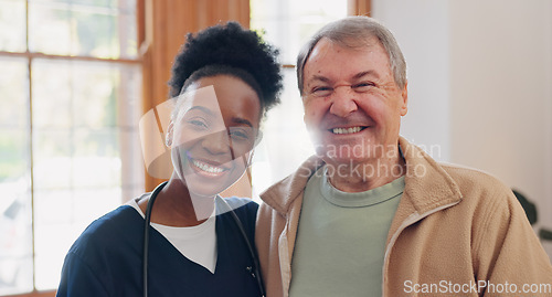 Image of Face, hug and senior man with nurse, home and healthcare with happiness, support and medicare. Portrait, African person and elderly guy embrace, apartment or bonding with help, cheerful and caregiver