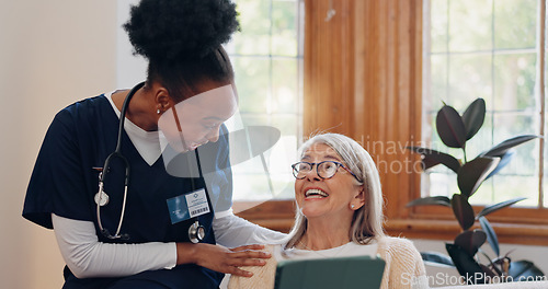 Image of Smile, tablet or nurse consulting an old woman for medical report results or healthcare diagnosis. Happy, good news or caregiver in nursing home helping, talking or speaking to a healthy elderly lady