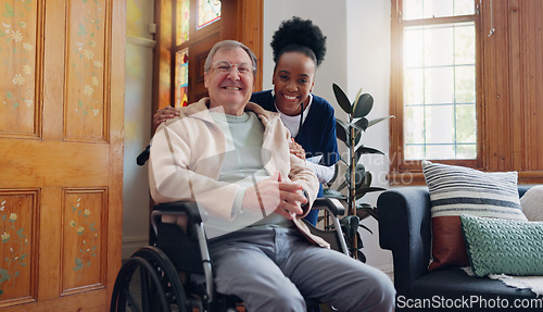 Image of Senior, man or face of nurse in nursing home for support, wellness or healthcare in wheelchair with laugh. Elderly, person and caregiver or professional with portrait for retirement or care in lounge