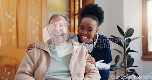 Image of Senior, man or face of nurse in nursing home for support, wellness or healthcare in wheelchair with laugh. Elderly, person and caregiver or professional with portrait for retirement or care in lounge