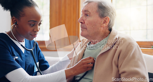 Image of Caregiver, senior patient or breathing for healthcare service, nursing or heart check in hospital clinic. Retirement home, consulting or cardiology of elderly man or black woman for lungs or wellness