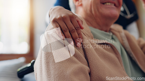 Image of Caregiver, helping hand and senior man with support in retirement, nursing home or empathy for kindness. Elderly care, nurse and hands on shoulder together and healthcare service in apartment