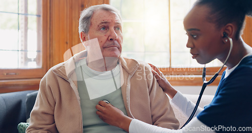 Image of Caregiver, senior patient or breathing for healthcare service, nursing or heart check in hospital clinic. Retirement home, consulting or cardiology of elderly man or black woman for lungs or wellness