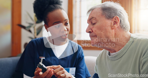 Image of Doctor, woman or blood pressure of patient in home for medical after surgery, recovery or rehabilitation. Diversity, people or elderly care in hospital, facility or clinic with results for health