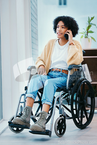 Image of Phone call, talking and woman in a wheelchair in home with communication, chat or contact us in apartment. Cellphone, discussion and person with a disability with network, relax and connection