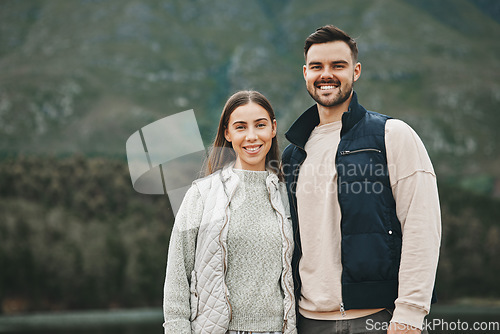 Image of Hiking, couple and portrait outdoor with vacation and trekking together with love in winter. Mountain, holiday and travel in the morning with happy woman and man on adventure in nature with a smile