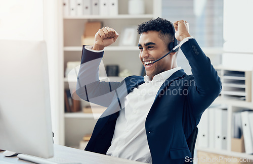Image of Businessman, fist or success on call center computer in sales deal, target goals or b2b consulting help. Happy smile, celebration telemarketing receptionist and winner expression in contact us office
