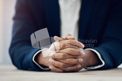 Image of Hands, businessman and ready for company job interview with human resources manager, recruitment agent or hiring consultant. Zoom, ceo and hr leadership in office consulting recruiter for assessment