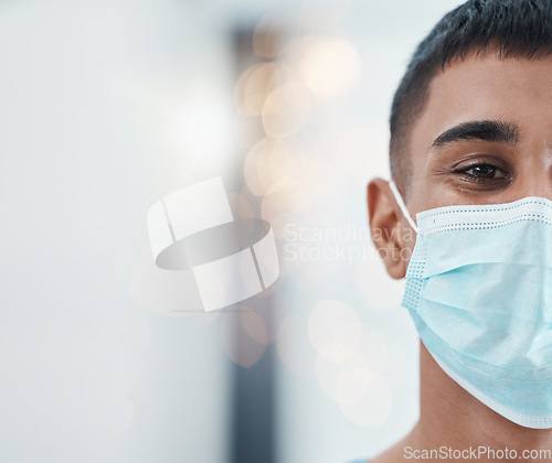 Image of Man, face mask for covid and health closeup, safety from disease or virus mockup, with healthcare and medicine portrait. Indian person, clinic and medical policy with protection during pandemic.