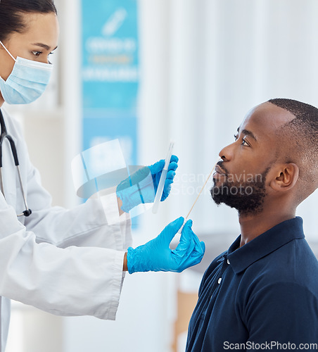 Image of Covid, medical and test with man and doctor for pharmacy, medicine and clinical research. Exam, pcr and cotton swab with healthcare worker and patient in hospital for virus, flu or disease prevention