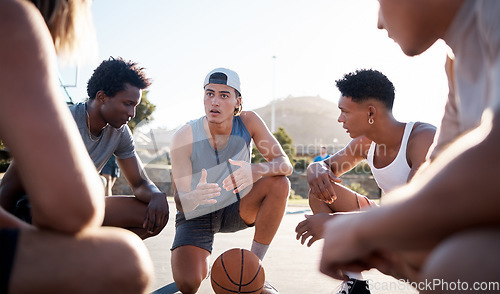 Image of Motivation, leadership and men in a huddle on basketball court in a circle for mindset and teamwork. Fitness, sports and athletes talking or speaking of training goals, mission and strategy planning