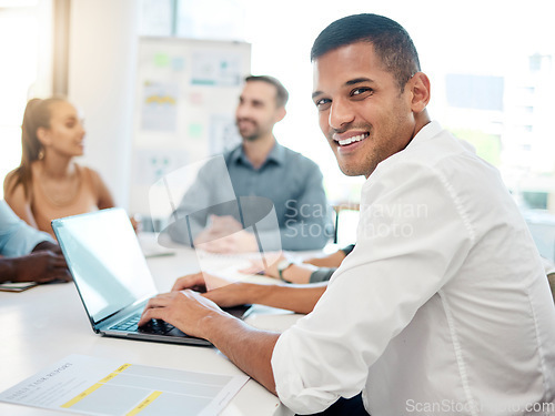 Image of Businessman, laptop and smile for management, meeting or marketing discussion or planning at the office. Happy employee man taking notes or minutes for conversation on computer at the workplace