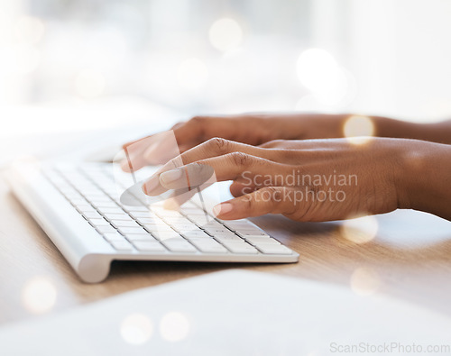 Image of Keyboard, hands typing and writer with research for website copywriting, blog ideas or inspiration for newsletter on bokeh. Desktop computer or office desk worker with online email marketing strategy
