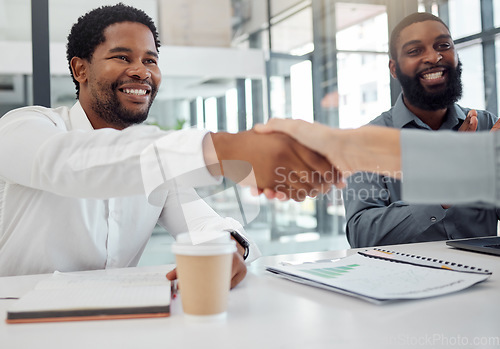 Image of Businessman, handshake and meeting for b2b, interview or partnership in collaboration, support and trust at the office. Man shaking hands of new employee for hiring, welcome or agreement on work deal