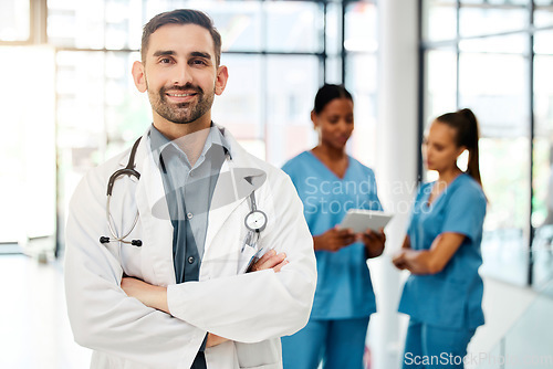 Image of Doctor, leadership or healthcare employee with smile in hospital for vision, motivation or mission portrait. Health care, medicine or insurance nurse for, health, wellness or medical help in clinic