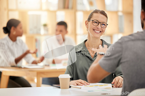 Image of Collaboration, meeting and business people talking in the office with documents planning a project. Happy, smile and managers working on a report analysis together with paperwork in the workplace.