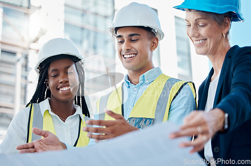 Image of Architect team, blueprint and meeting for construction planning, discussion or collaboration on site. Happy industrial engineers in teamwork conversation for building, architecture or project plan