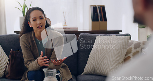 Image of Woman, talking and psychology therapy on sofa with mental health worker, anxiety psychologist or community counselling mentor. Help, support and trust for depression patient consulting counseling man