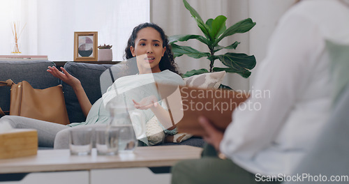 Image of Mental health, pregnancy and woman on sofa in therapy or counseling session for depression, anxiety and healthcare. Psychologist, angry pregnant girl and stress on couch consulting doctor in office.