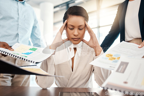Image of Stress headache, burnout and woman overwhelmed with workload with poor time management. Frustrated, overworked and tired lady with tablet at startup office, anxiety from deadline time pressure crisis