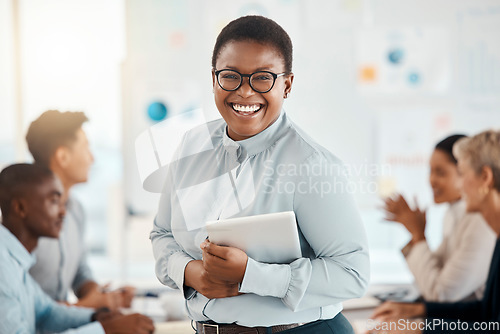 Image of Black woman with tablet, leader and business meeting with corporate presentation portrait, speaker and leadership of team. Presenter in conference room, professional and tech, diversity in workplace.