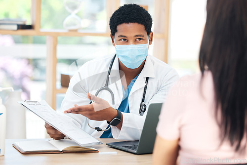 Image of Healthcare, doctor and covid insurance in consultation office with patient for compliance, records and info. Surgery, documents and health worker at desk with woman for corona, medical and planning