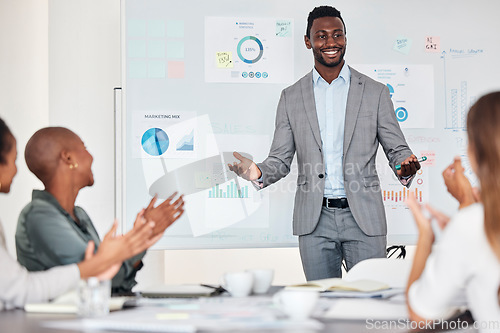 Image of Chart presentation, leader or team applause for achievement of kpi goals, financial target or sales growth. Marketing feedback data, black man and people clap for strategy success at business meeting