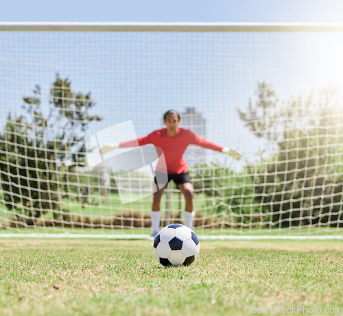Image of Soccer, sports and goalkeeper in defence for game, exercise and training at football pitch to stop goal outdoor. Professional male athlete or goalie with soccer ball on field for sport hobby
