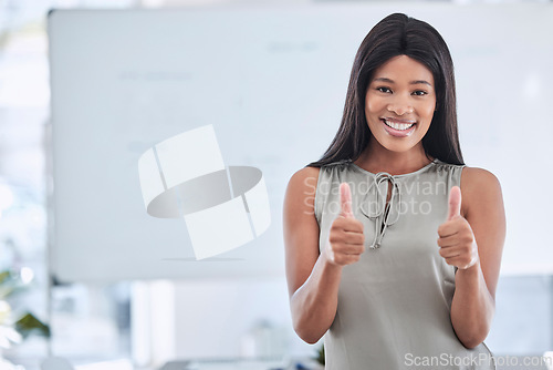 Image of Business black woman, thumbs up and office portrait mock up for like, project success or career target achievement. Corporate manager, boss or leader with thank you, agreement or support hands sign