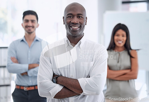 Image of Black man, leader and team collaboration with pride portrait, leadership in workplace and solidarity. Community in office, diversity and working together with trust, teamwork and corporate unity.