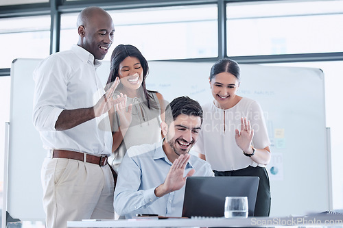 Image of Business people wave, laptop video call and online meeting presentation in company office. Diversity staff group talking in digital workshop, global voip conference and computer webinar on tech