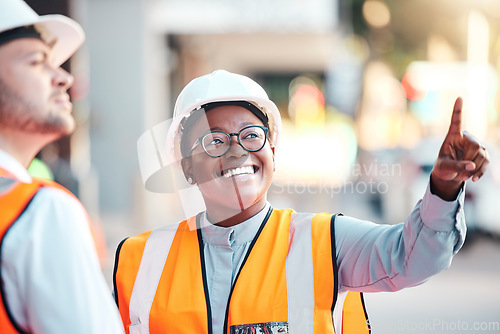 Image of Engineering, architecture and industry employees planning a maintenance, architect or construction project. Development, partnership and black woman working on a civil plan at outdoor industrial site