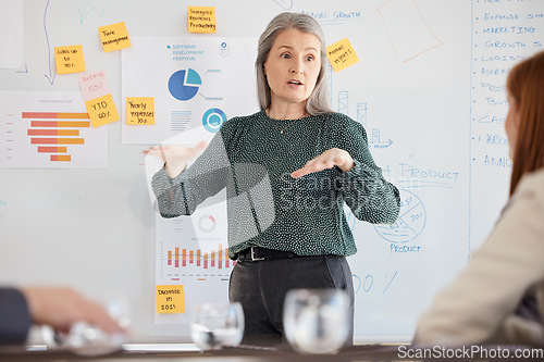 Image of Senior speaker, business woman and corporate meeting planning a marketing finance strategy. Business meeting, team and accounting leadership with a ceo working and speaking with corporate data