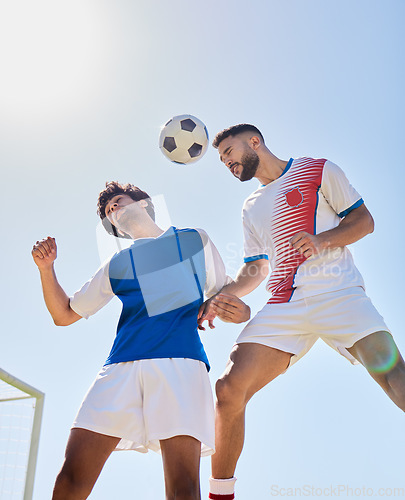 Image of Soccer, sport and fitness, men with soccer ball playing match, rival and jump on sports field outdoor. Soccer player, exercise and athlete play game, cardio and endurance with professional club.