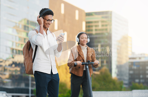 Image of Students travel with phone, music or happy black couple woman and man with tech, electric scooter or 5g network in city, street or road. Startup designer for networking, social media or contact us
