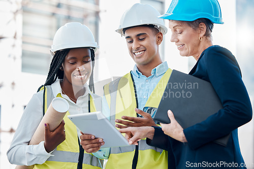 Image of Architecture, construction and architects planning with a tablet for building, renovation and design on internet. Engineering, teamwork and workers with strategy on tech for industrial infrastructure