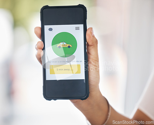 Image of Hands, phone screen and taxi app for traveling, car and driver booking. Mobility, digital service and transportation application, time button ui and 5g mobile ux for ride to location or destination