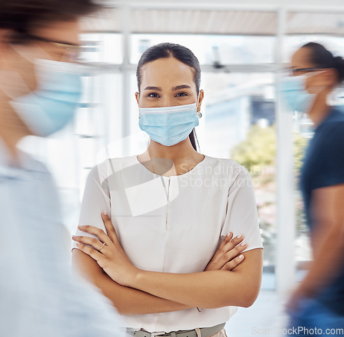 Image of Mask, busy office and business woman portrait happy in modern workplace. Young corporate proud female, confident and company management leader with colleagues social distance walking for covid