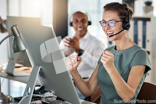 Image of Call center computer, sales woman celebration and winner fist, target or stock market trading success in office. Telemarketing consultant celebrate business achievement, deal or motivation on desktop