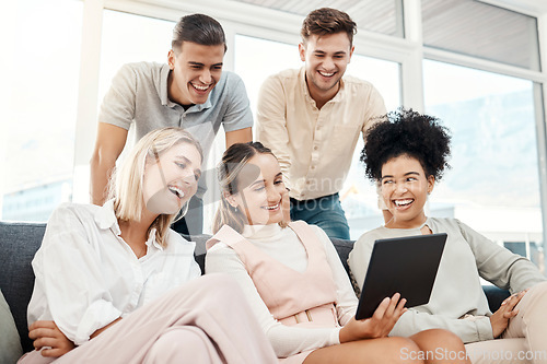 Image of Relax, tablet and work friends on social media laughing at funny memes, online content and internet videos. Smile, team building and happy employees enjoying crazy, comic or comedy on a group break
