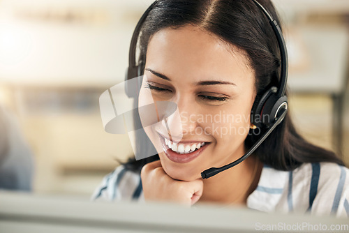 Image of Customer support, communication and call center consultant, employee or worker with microphone consulting over telecom. Customer service, help desk or happy telemarketing woman talking in sales pitch