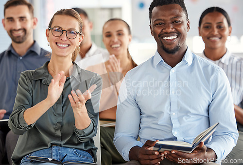 Image of Business people, smile and applause for workshop training, conference or presentation at the office. Group of happy corporate employee workers clapping for meeting, convention or coaching at work